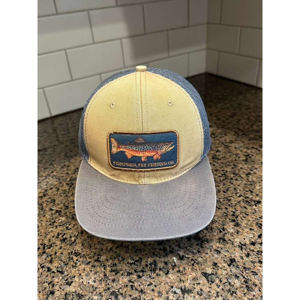 Fishpond Trucker Hat Men's Adjustable Snapback Tan Grey Blue Mesh Fly Fishing